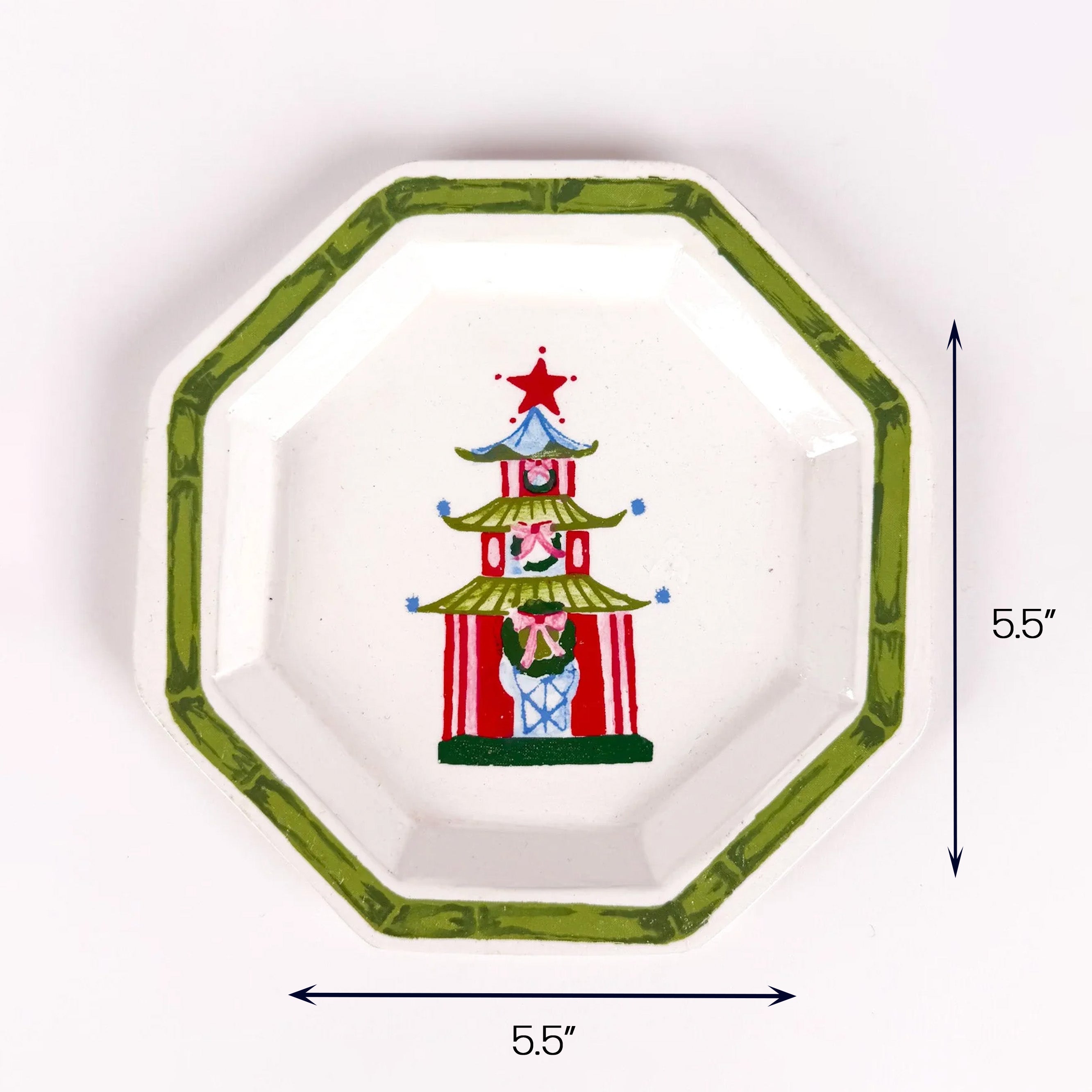 Festive Pagoda tole metal trinket tray, 5.5" x 5.5" decorative tray