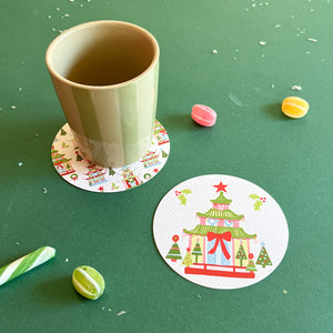 Festive Pagodas Christmas Round Paper Coasters