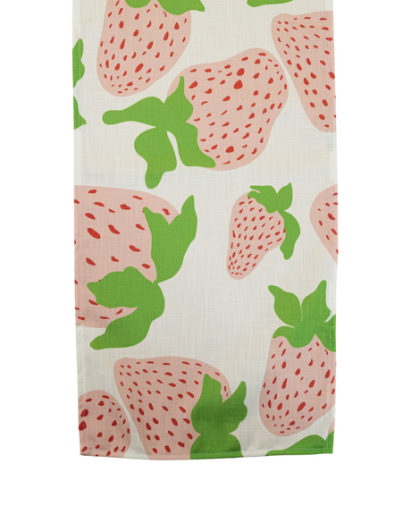 Garden Party Strawberry cloth table runner designed by madcap cottage with motifs of large pink and green strawberries with green stems.