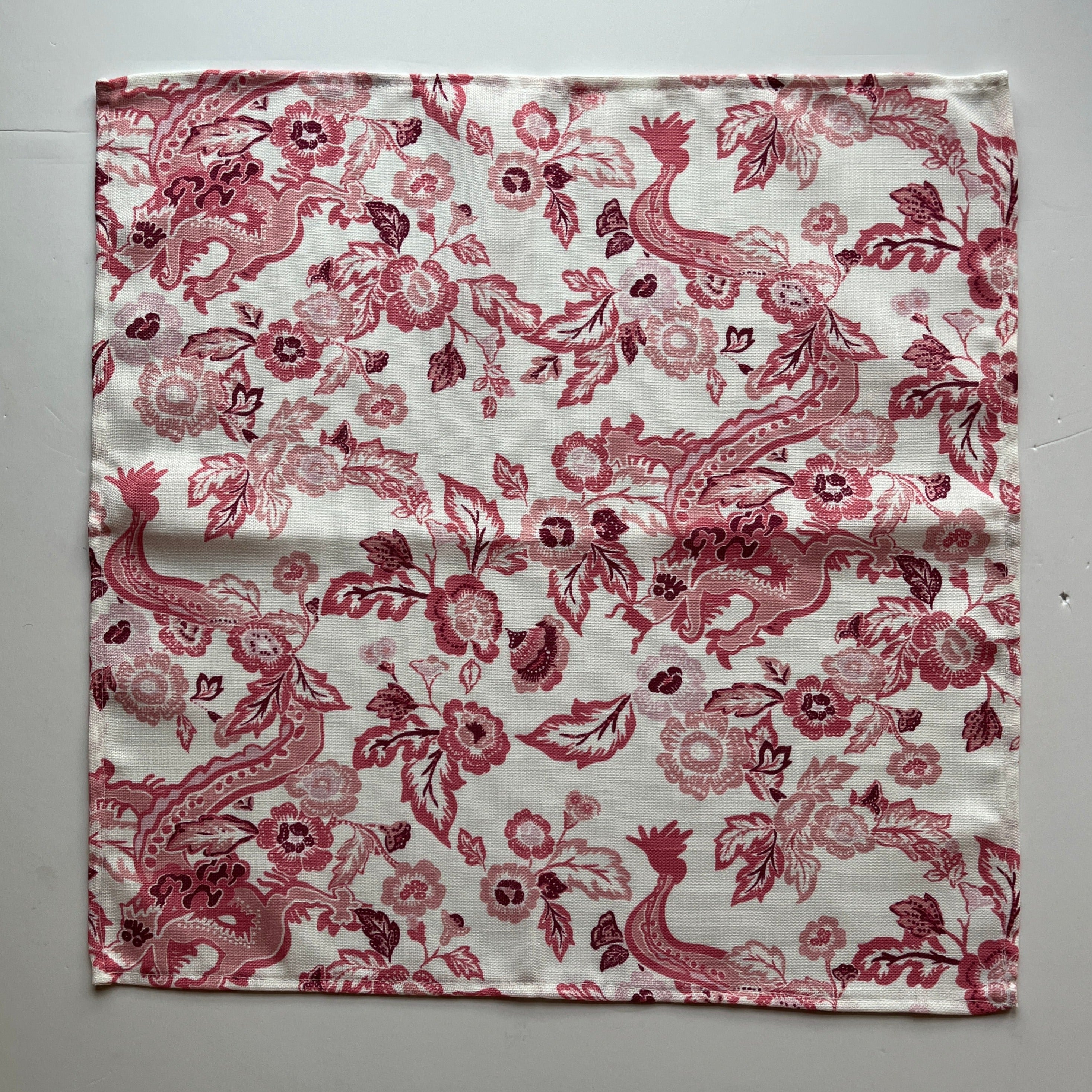 Flat view of Madcap Cottages East of the Sun Red chinoiserie cloth dinner napkin