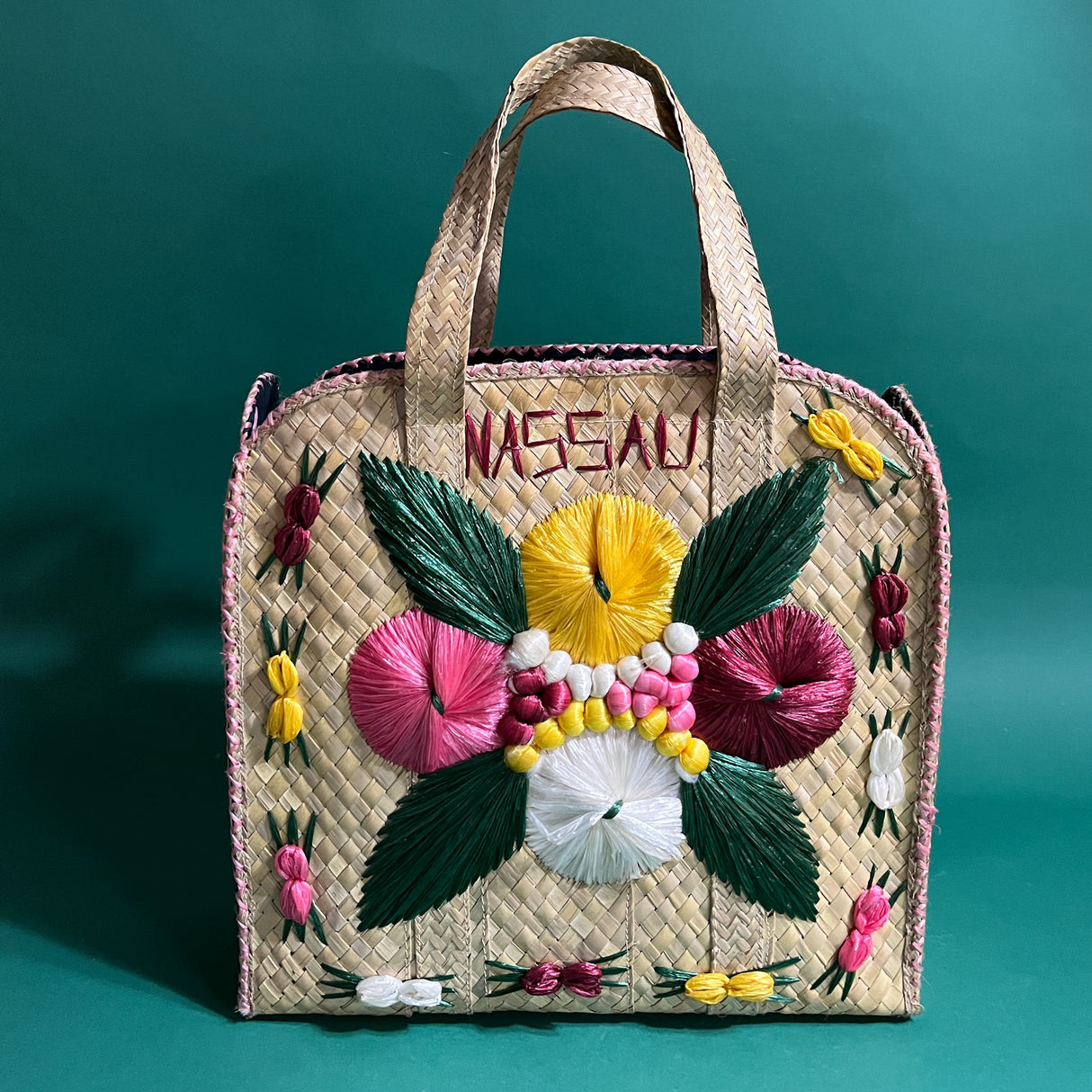 Vintage Oversized Nassau Flowers Straw Bahamas Tote Bag