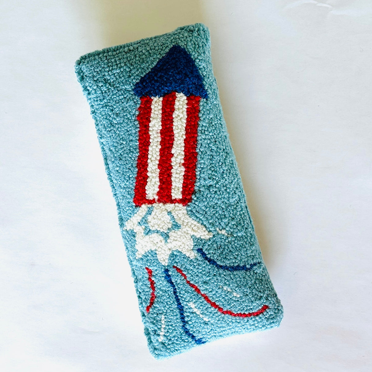 Red, White, and Blue July Fourth Rocket Hooked Wool Pillow