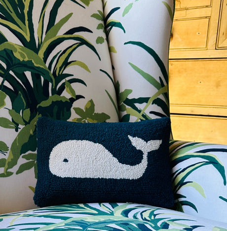 Blue-and-White Whale Hooked Wool Nautical Pillow