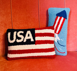 Red, White, and Blue July Fourth Rocket Hooked Wool Pillow