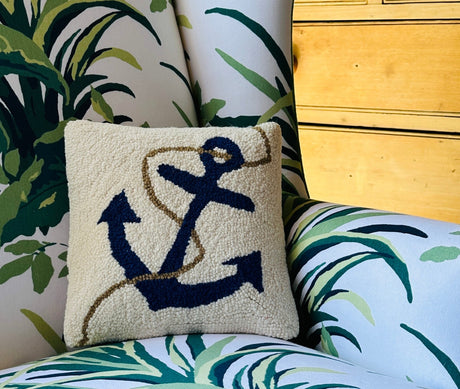 Anchor and Rope Hooked Wool Nautical Pillow