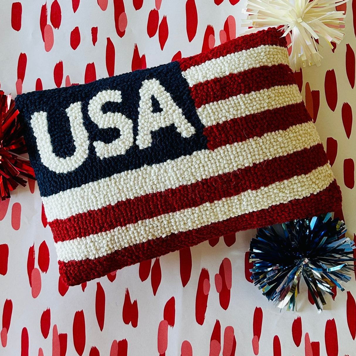 July 4th USA Hooked Wool Patriotic  Pillow