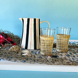 Hand-Painted Blue-and-Red Striped Stoneware Pitcher