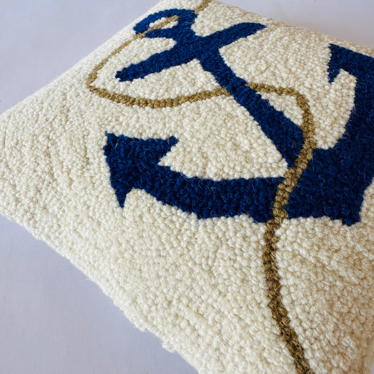 Anchor and Rope Hooked Wool Nautical Pillow