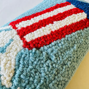 Red, White, and Blue July Fourth Rocket Hooked Wool Pillow