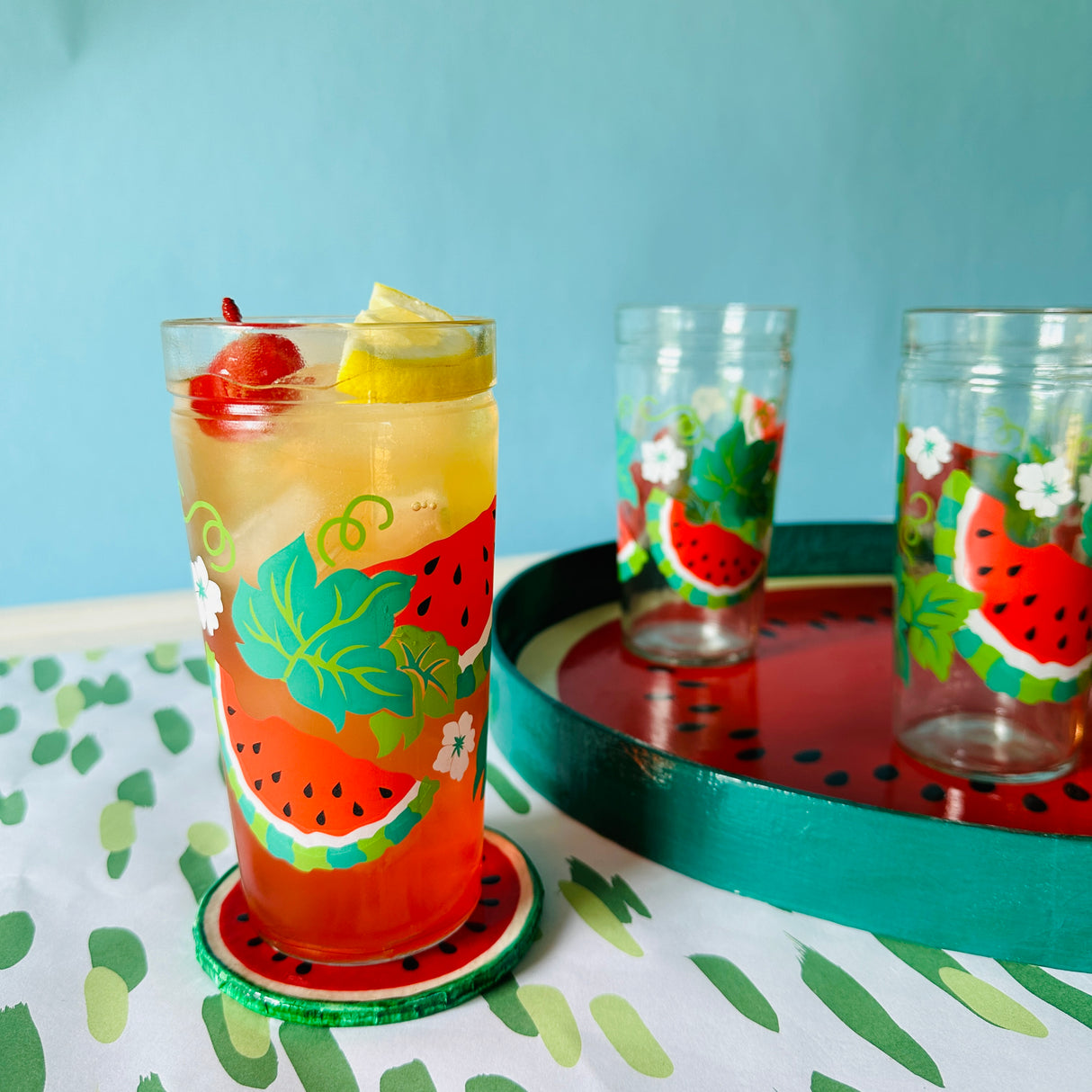 Vintage Watermelon Tray, Coasters, and Glasses, Set of 9