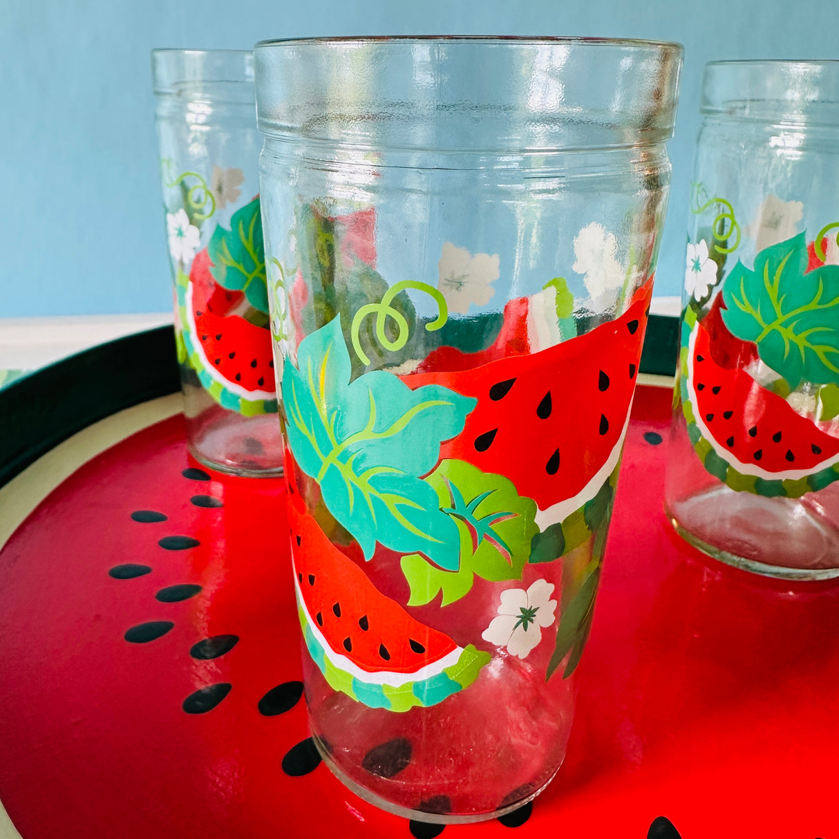 Vintage Watermelon Tray, Coasters, and Glasses, Set of 9