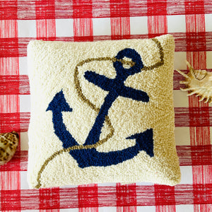 Anchor and Rope Hooked Wool Nautical Pillow