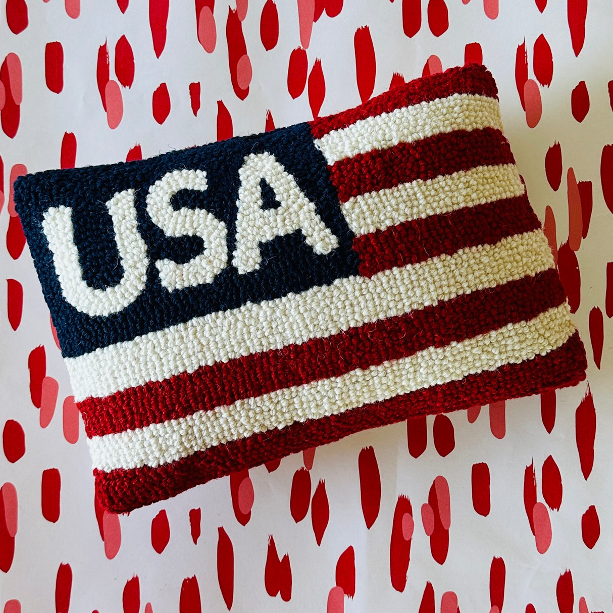 July 4th USA Hooked Wool Patriotic  Pillow