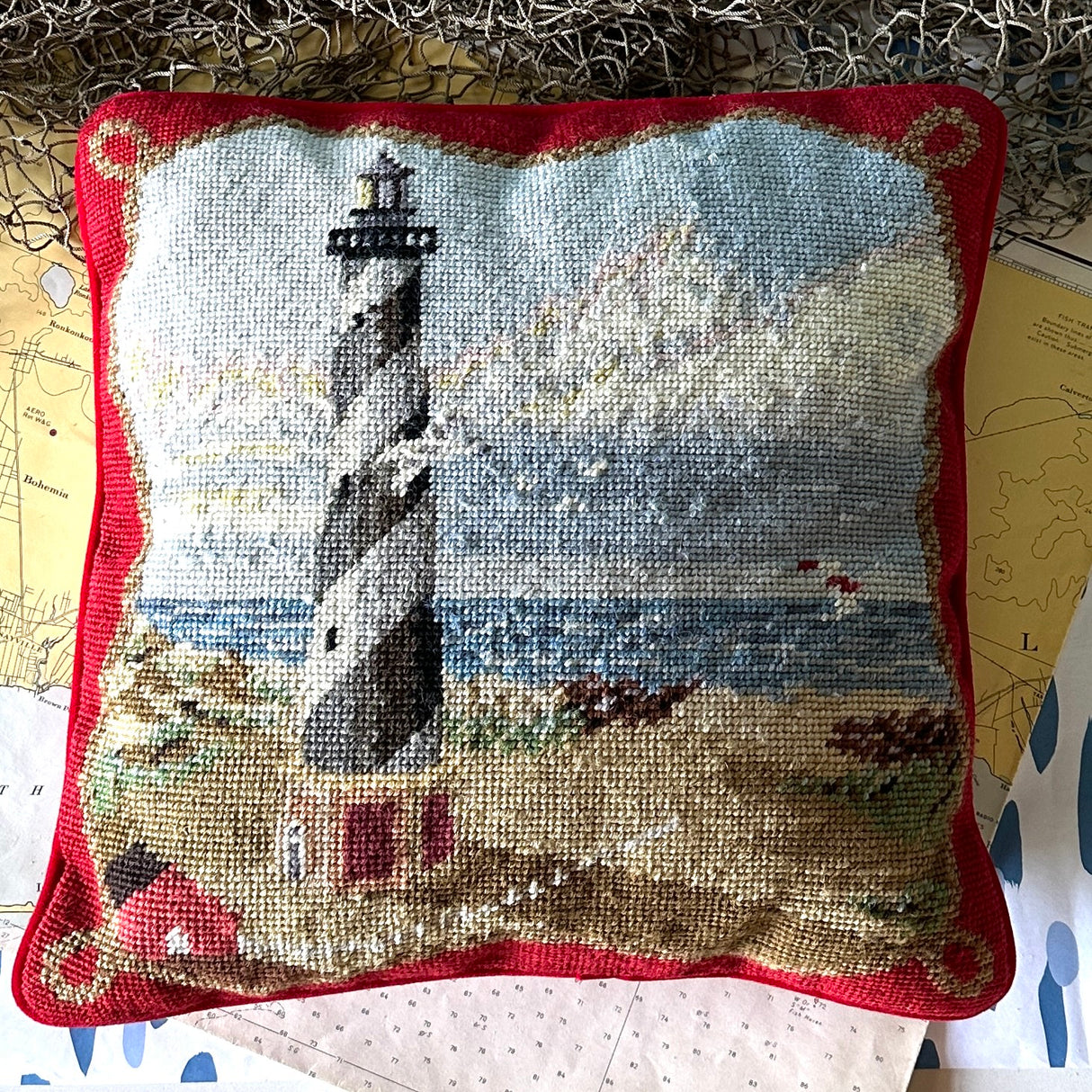 Vintage Needlepoint Lighthouse Pillow