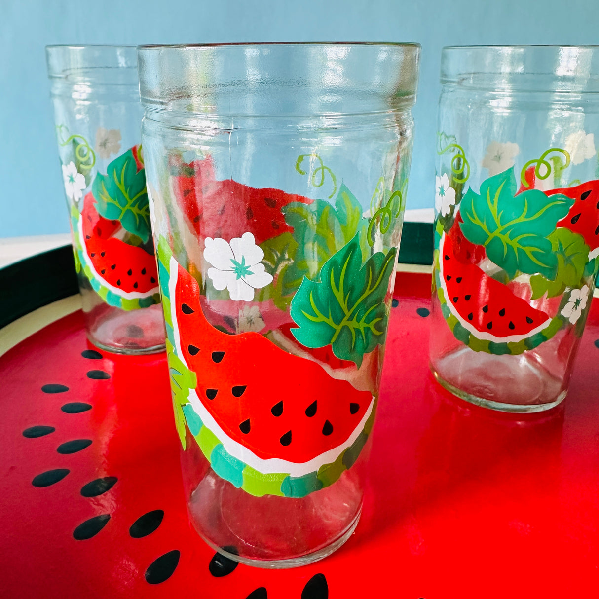 Vintage Watermelon Tray, Coasters, and Glasses, Set of 9