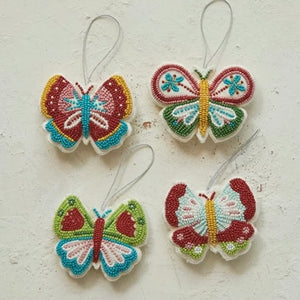 Cotton/Velvet/Glass Beaded Butterfly Christmas Ornaments, Set of 4