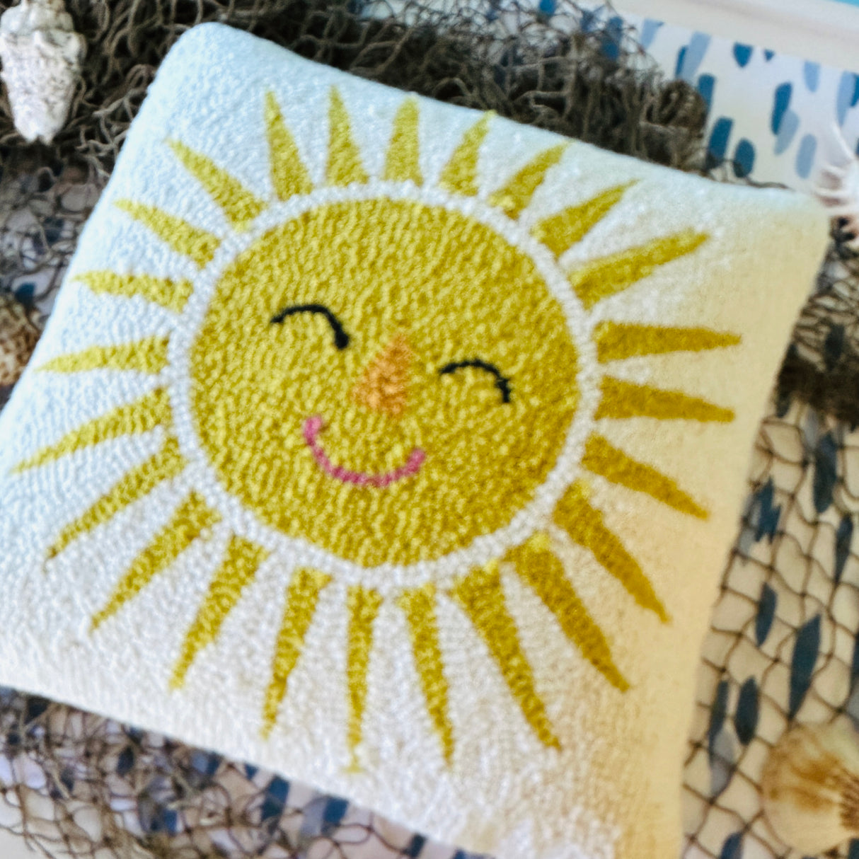 Happy Sun Hooked Wool Throw Pillow