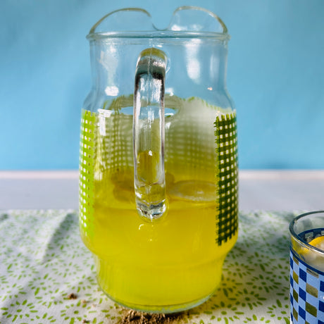 Vintage Green/White Gingham Pitcher and Blue Gingham/Daisy Drinks Glasses, Set of 5