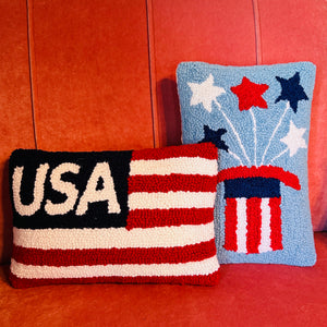 July 4th USA Hooked Wool Patriotic  Pillow