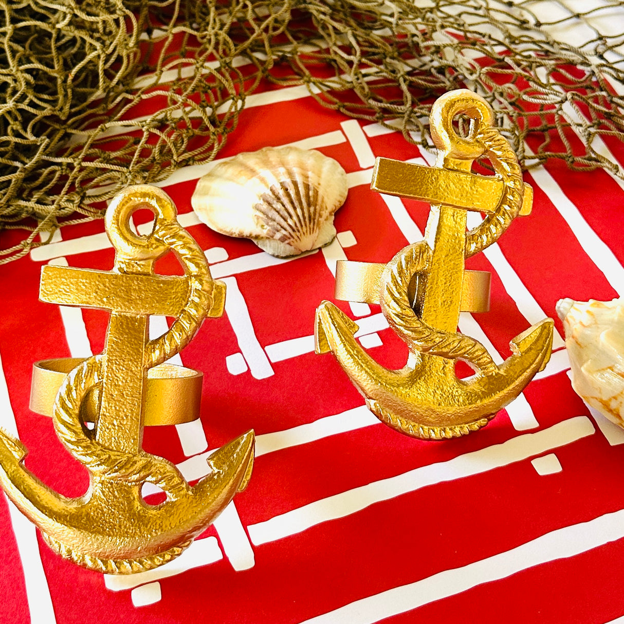 Gilt Metal Anchors Away Napkin Rings, Pair