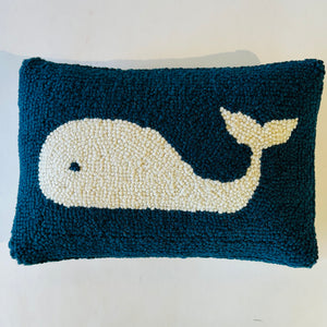 Blue-and-White Whale Hooked Wool Nautical Pillow