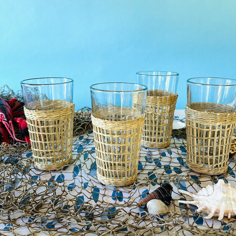 Drinking Glasses w/Seagrass Sleeves, Set of 4
