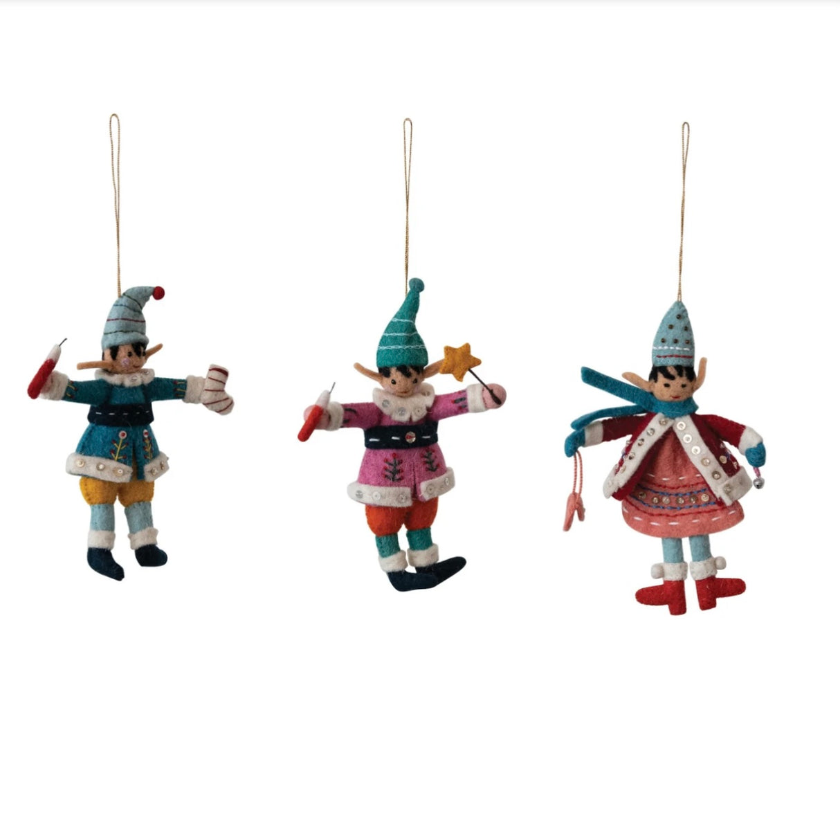 Handmade Wool Felt Elf Christmas Ornaments, Set of 3