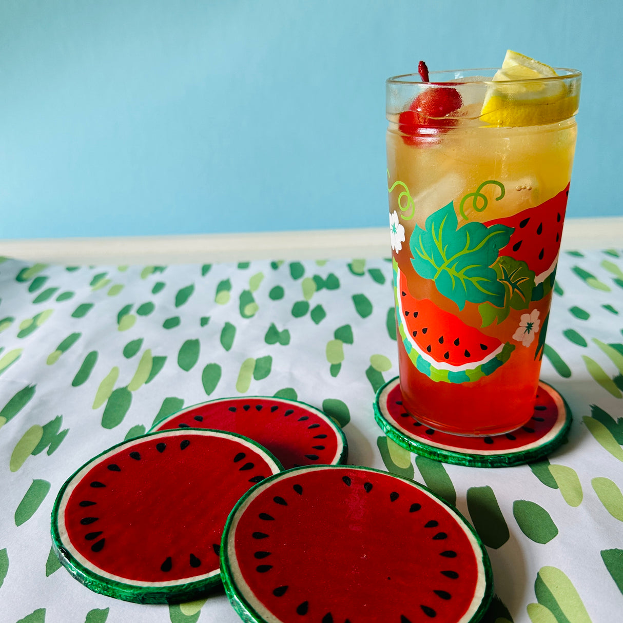 Vintage Watermelon Tray, Coasters, and Glasses, Set of 9