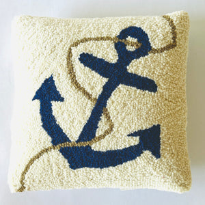 Anchor and Rope Hooked Wool Nautical Pillow