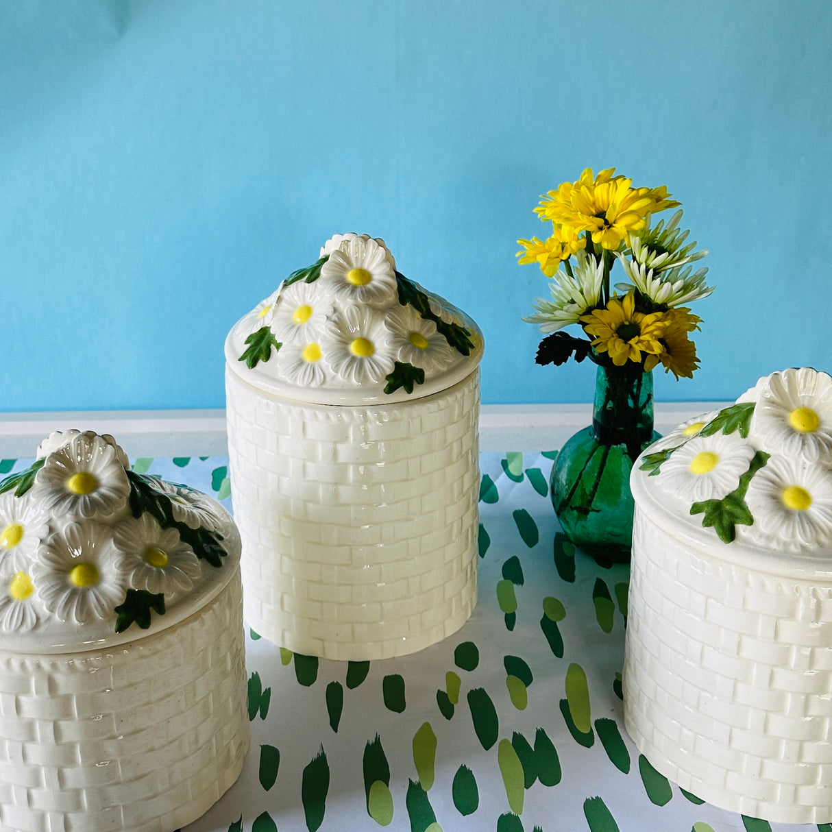 Vintage White Porcelain Basketweave and Daisy Canisters, Set of 3