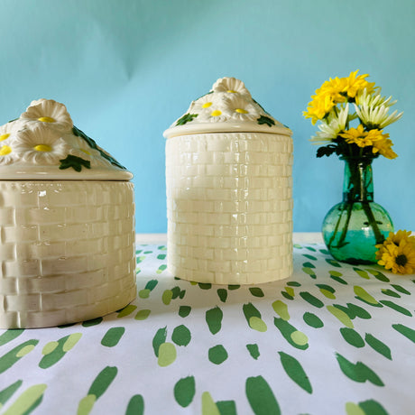 Vintage White Porcelain Basketweave and Daisy Canisters, Set of 3