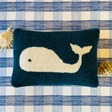 Blue-and-White Whale Hooked Wool Nautical Pillow