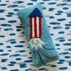 Red, White, and Blue July Fourth Rocket Hooked Wool Pillow