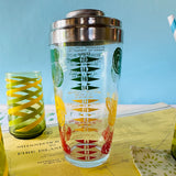 Vintage Cocktail Shaker w/4 Green/Yellow Swirl Glasses, Set of 5