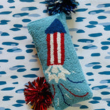 Red, White, and Blue July Fourth Rocket Hooked Wool Pillow
