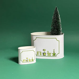 Garden Follies, filled duo of caddies in large and small on a green background
