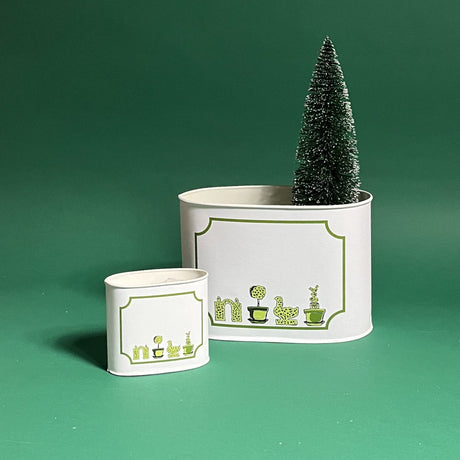 Garden Follies, filled duo of caddies in large and small on a green background