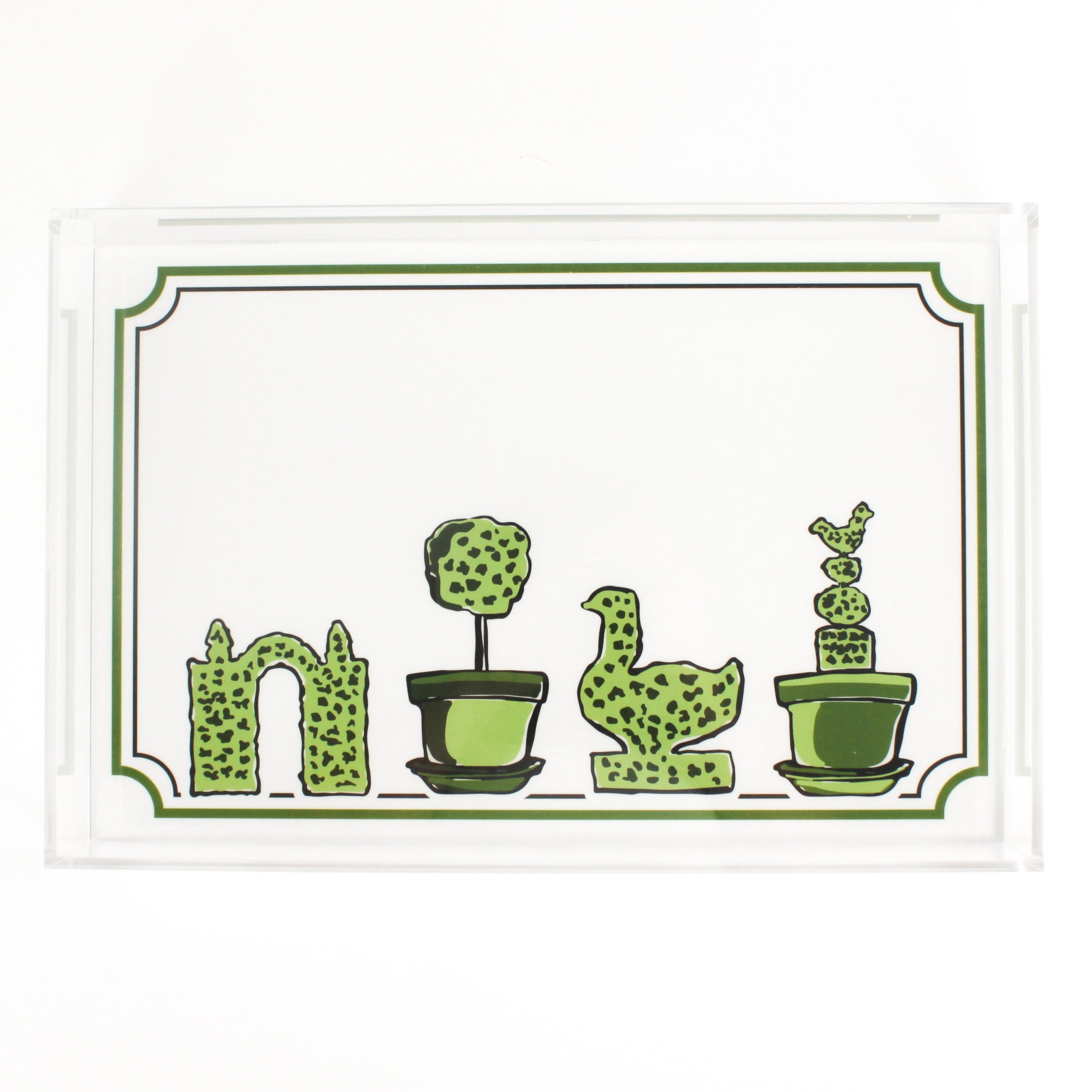 Garden Follies is a rectangular acrylic tray with a white base and green topiary motifs on the bottom border. 
