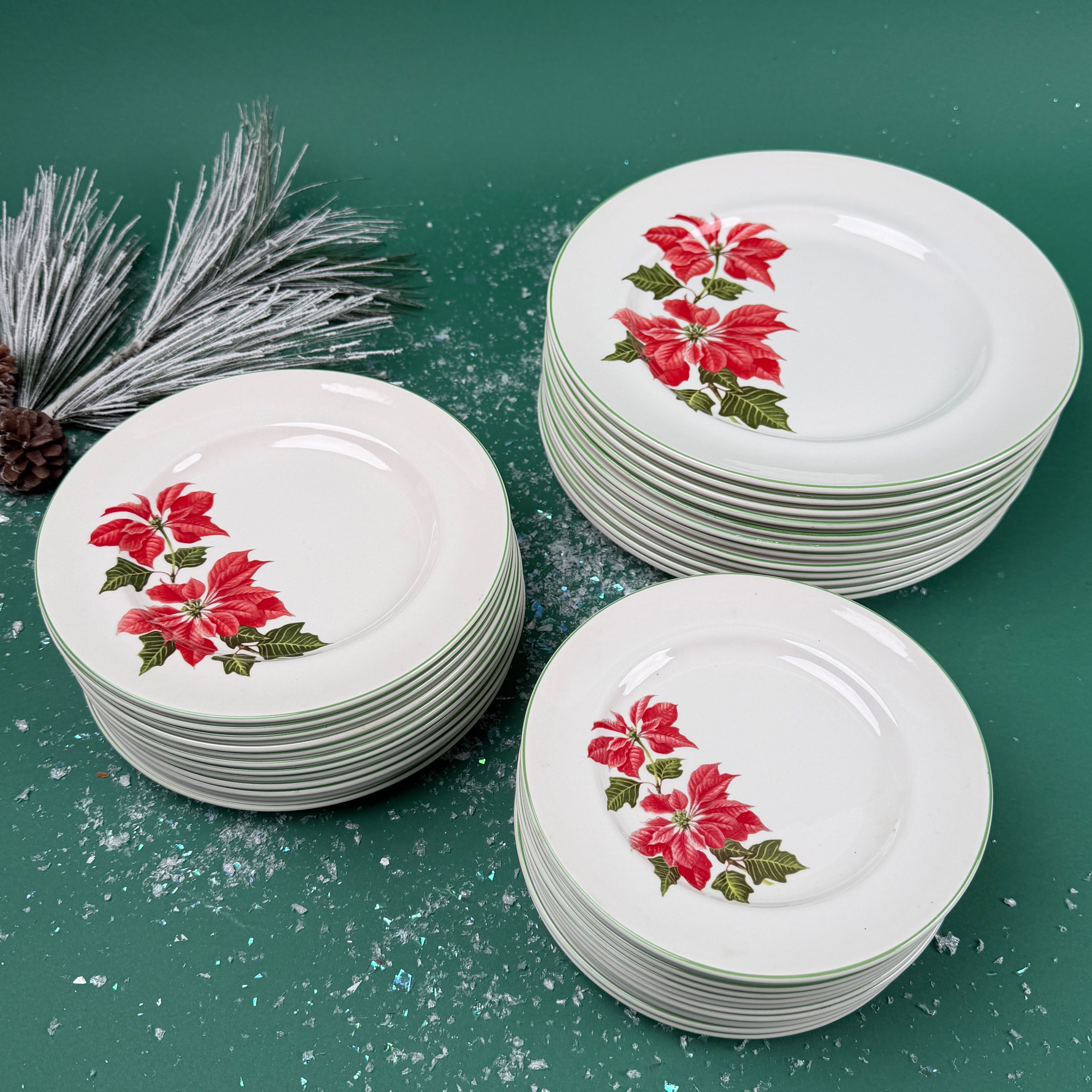 Three white dinner plates with red poinsettia floral design arranged on a green background with snow-like accents.