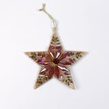 Gilt metal star shaped Christmas ornament with red and crystal accents and a red gem at the center, displayed against a white background.