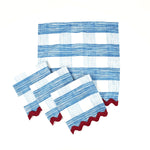 Set of blue and white gingham cloth napkin with red accents on a white background