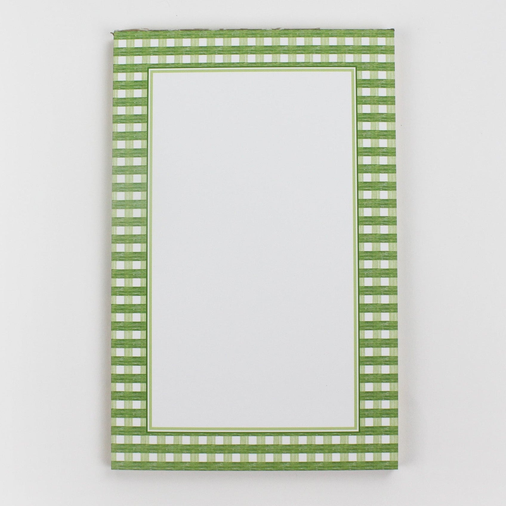 luxury notepads from madcap cottage with a green gingham border in a white background