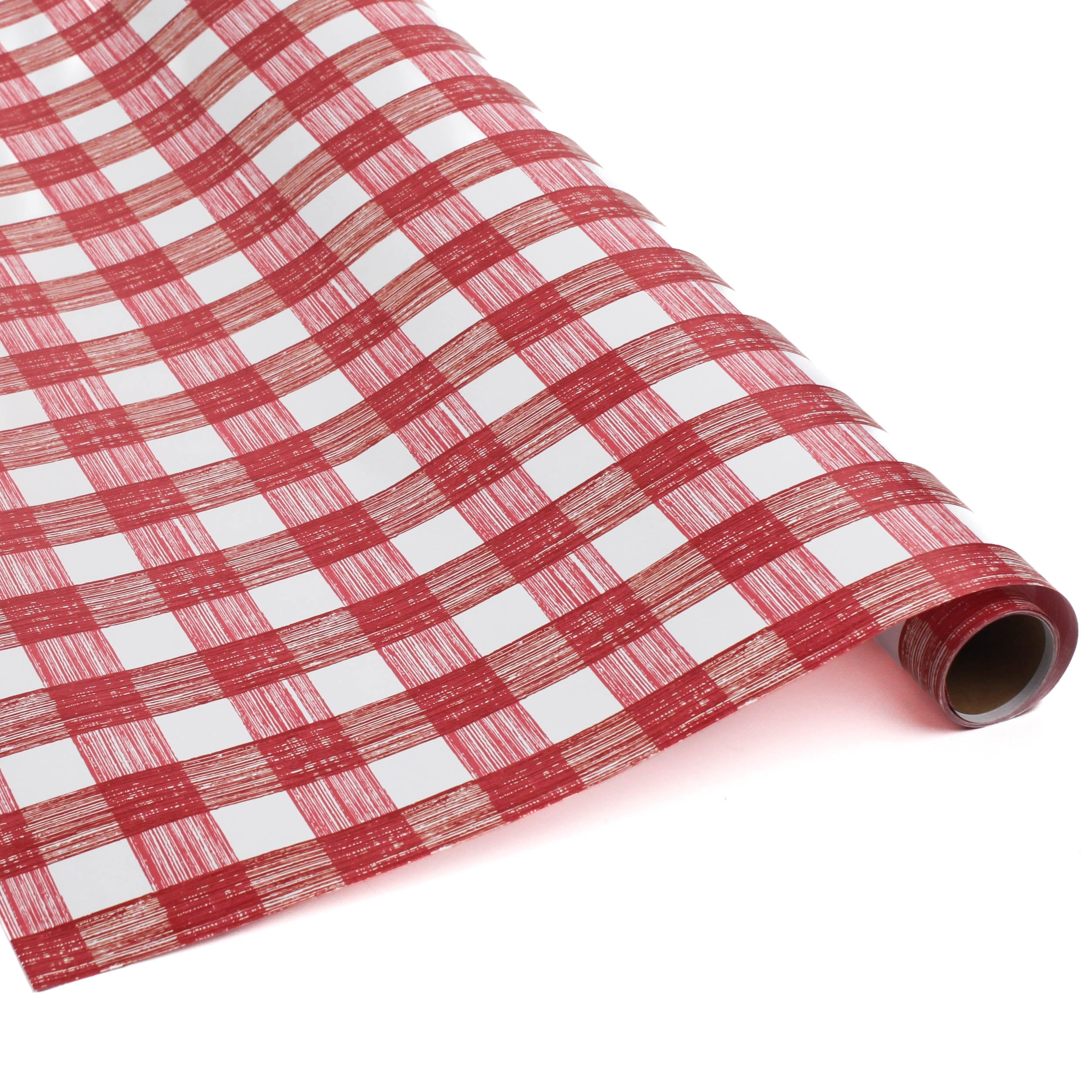A roll of red gingham wrapping paper 