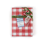 A roll of red gingham wrapping paper 