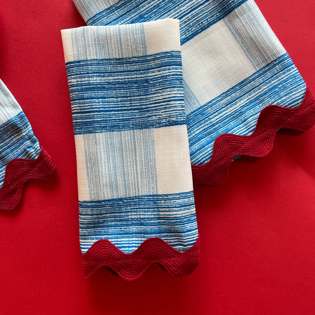 Gin Lane Swedish Blue gingham patterned cloth Dinner Napkins w/red Ric Rac, Set of 2