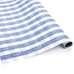 Blue gingham patterned Christmas wrapping paper roll on a white background.