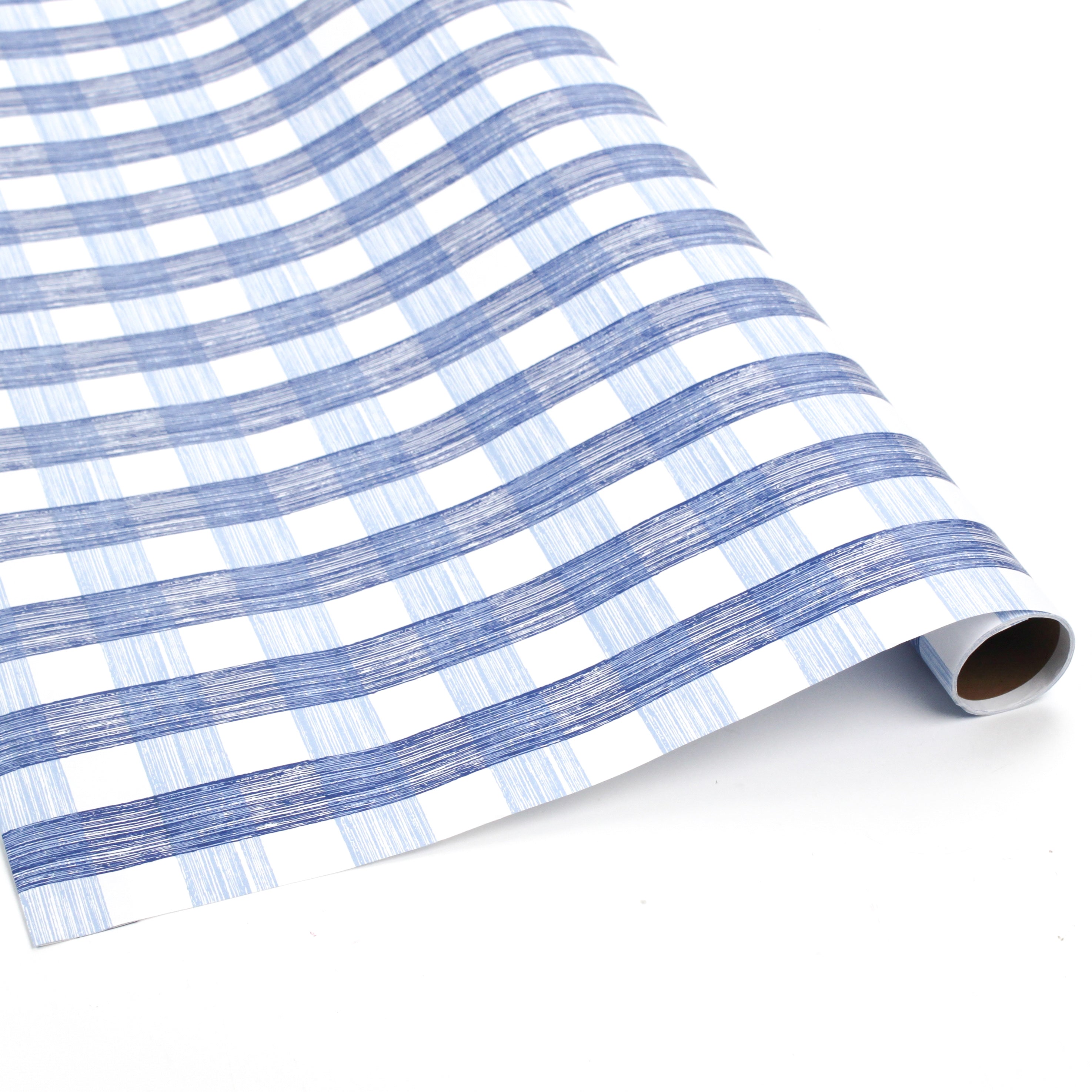 Blue gingham patterned Christmas wrapping paper roll on a white background.