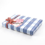 Gift wrapped in blue gingham Christmas paper with a pink ribbon and festive gift tag.