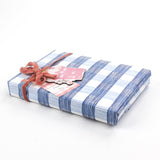 Gift wrapped in blue gingham Christmas paper with a pink ribbon and festive gift tag.