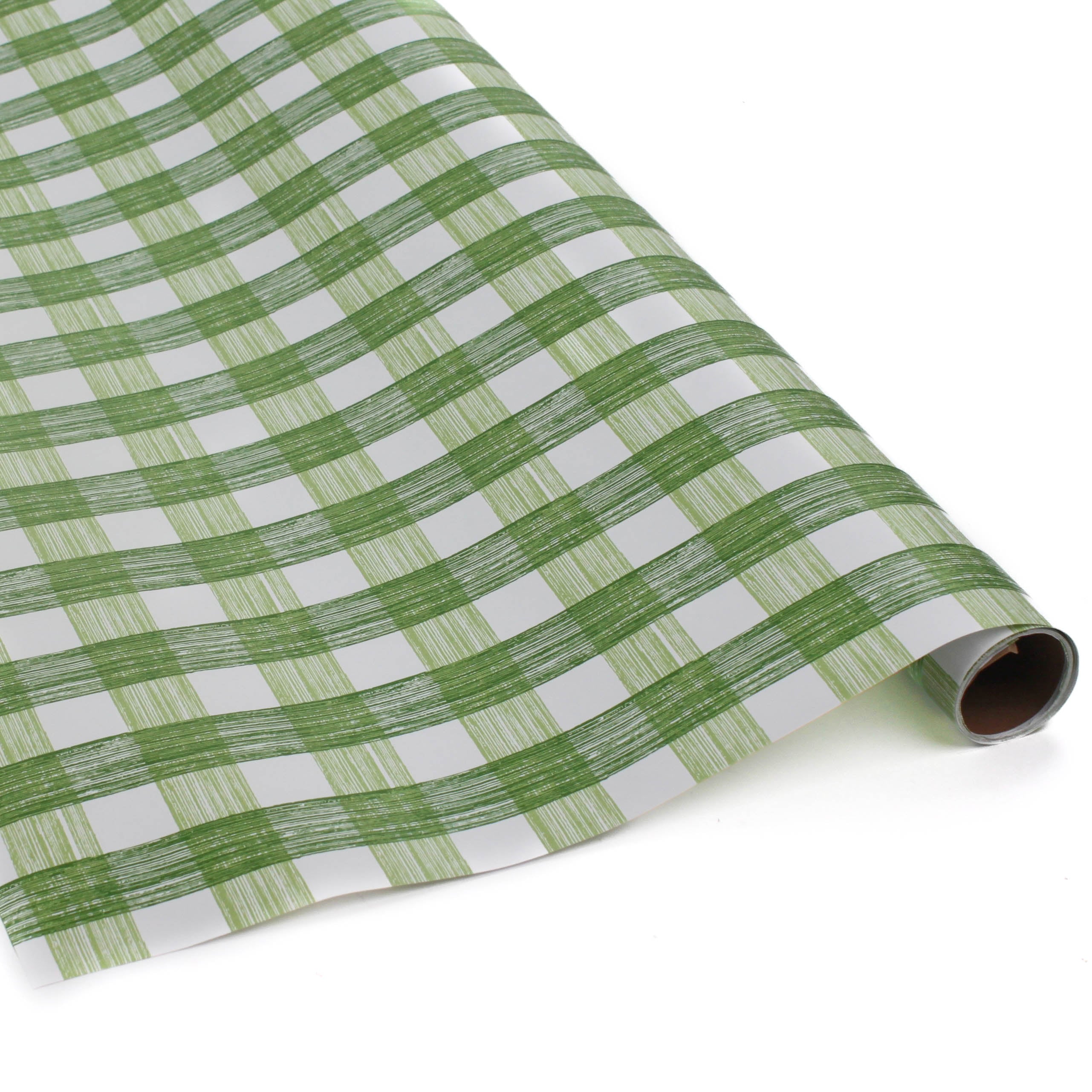 A green roll of green gingham wrapping paper 